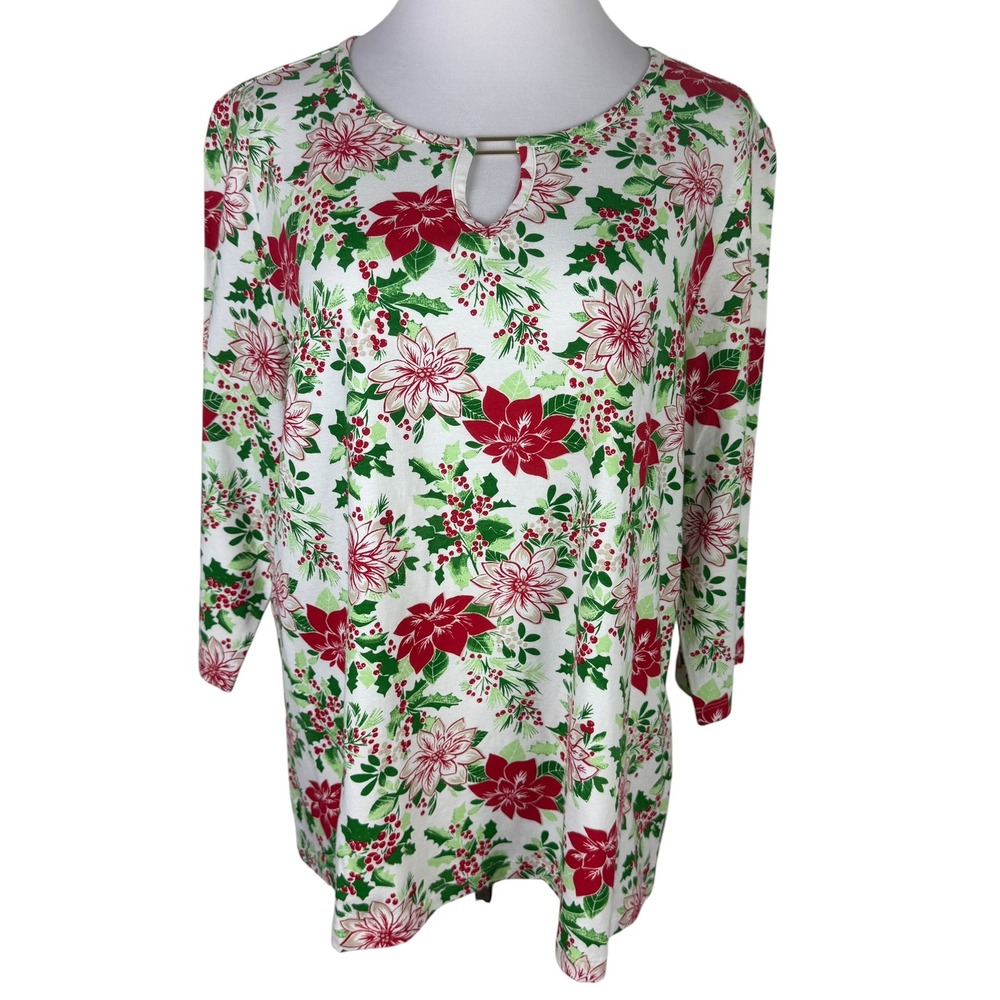 Coral Bay Women's 1X Christmas Poinsettia Keyhole Top White Red Green NWT